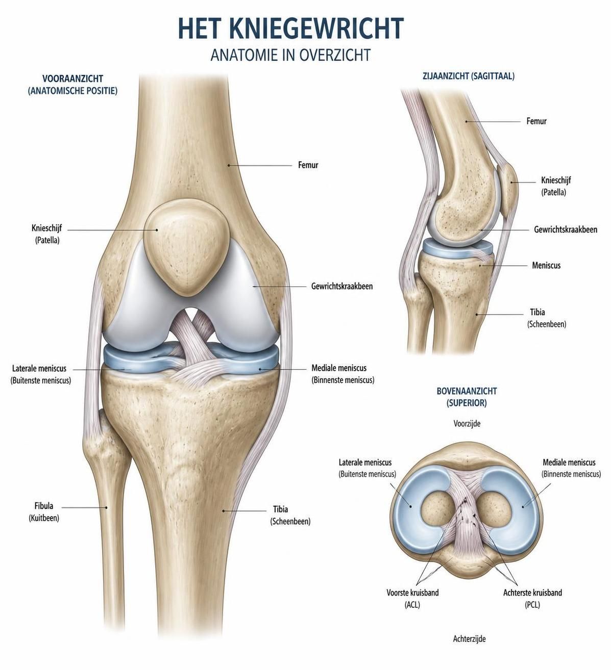 leer alles over de anatomie van de knie, inclusief de belangrijkste structuren en functies, om beter inzicht te krijgen in hoe je knie werkt en hoe je deze kunt verzorgen.