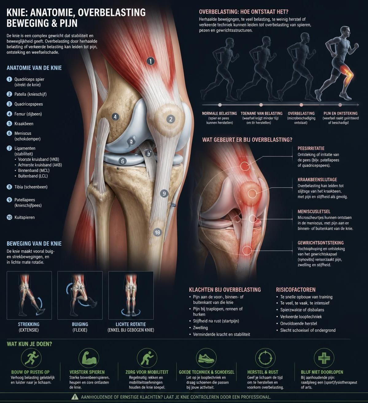 leer alles over overbelasting van de knie, inclusief de belangrijkste oorzaken, veelvoorkomende symptomen en effectieve preventietips om je knieën gezond te houden.