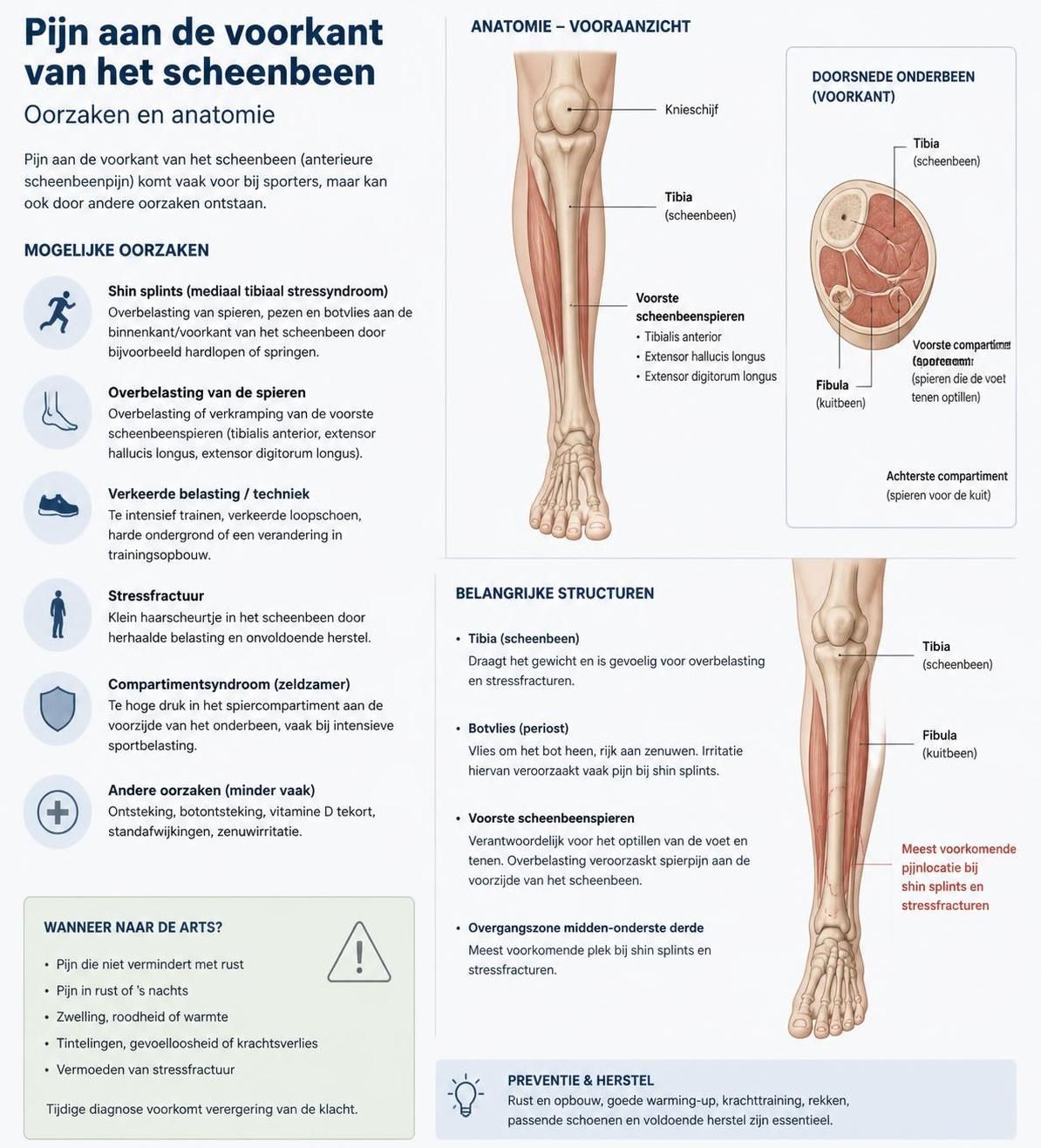 ontdek de oorzaken van pijn aan de voorkant van het scheenbeen in rust en leer effectieve methoden om hiermee om te gaan voor een sneller herstel.