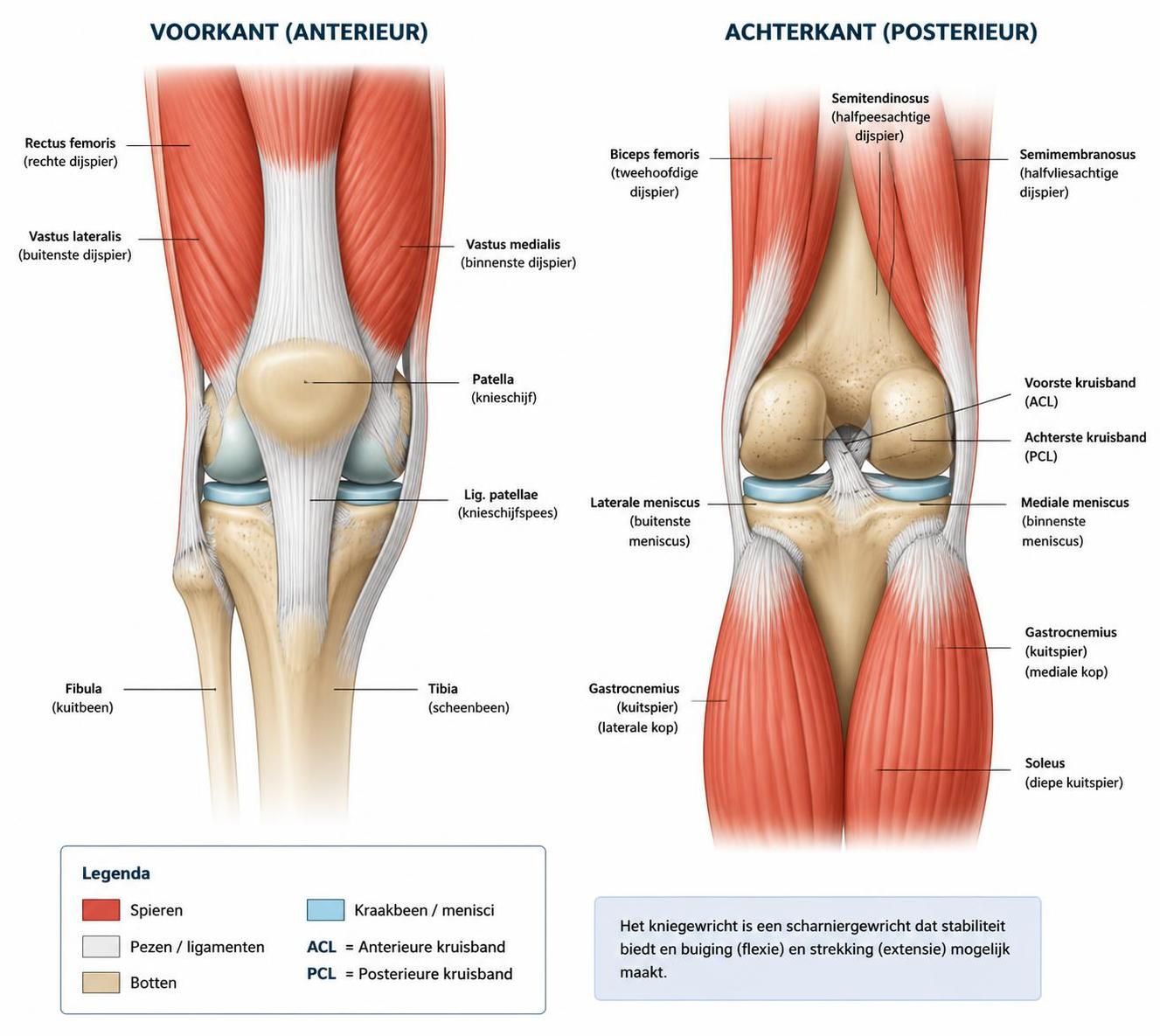 ontdek hoe de spieren in de knie samenwerken om stabiliteit te bieden en beweging mogelijk te maken, en leer meer over hun cruciale rol in het functioneren van het kniegewricht.