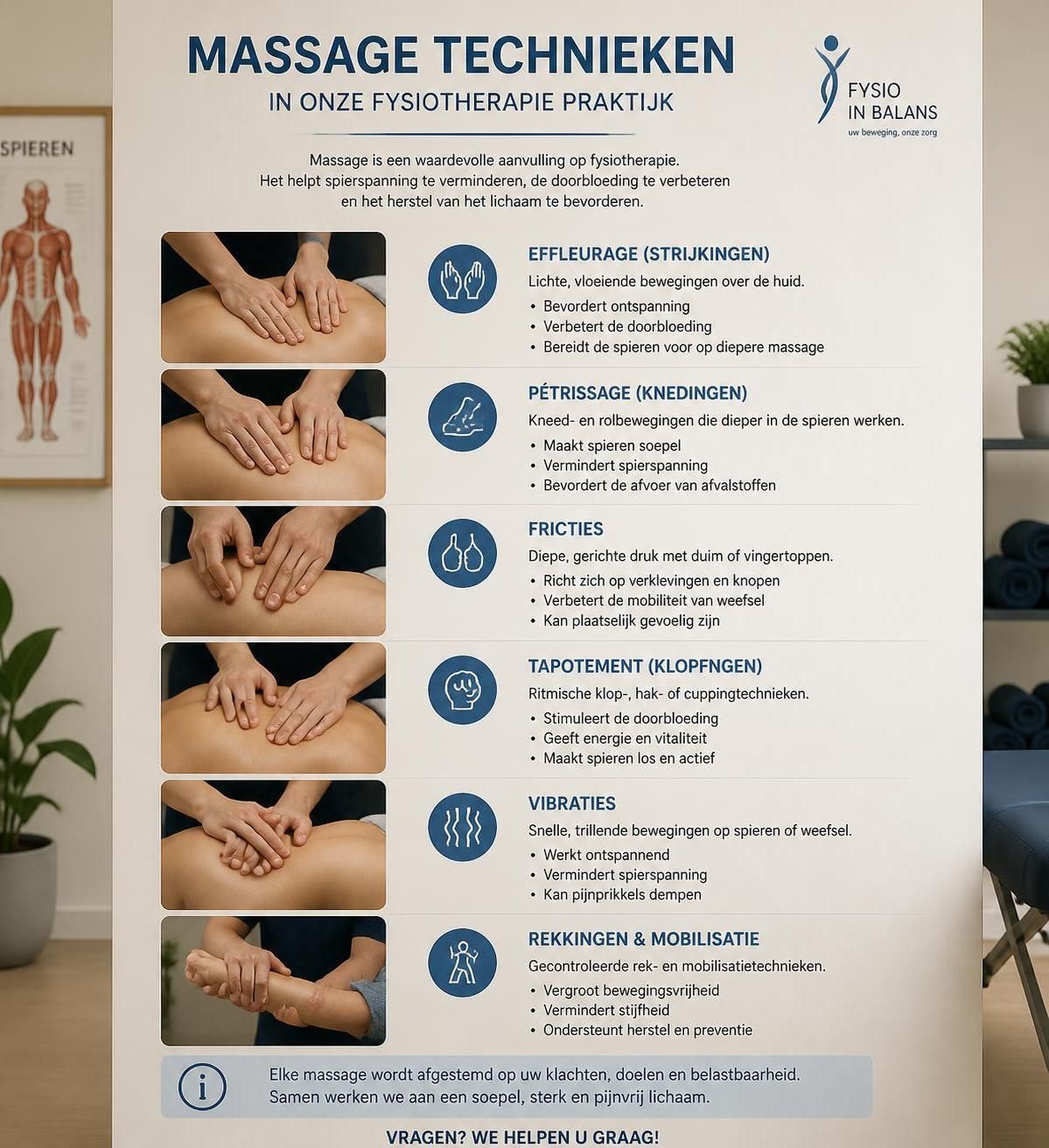 ontdek wat massage fysiotherapie inhoudt en hoe het je gezondheid kan verbeteren door pijn te verlichten, de mobiliteit te vergroten en het herstel te bevorderen.